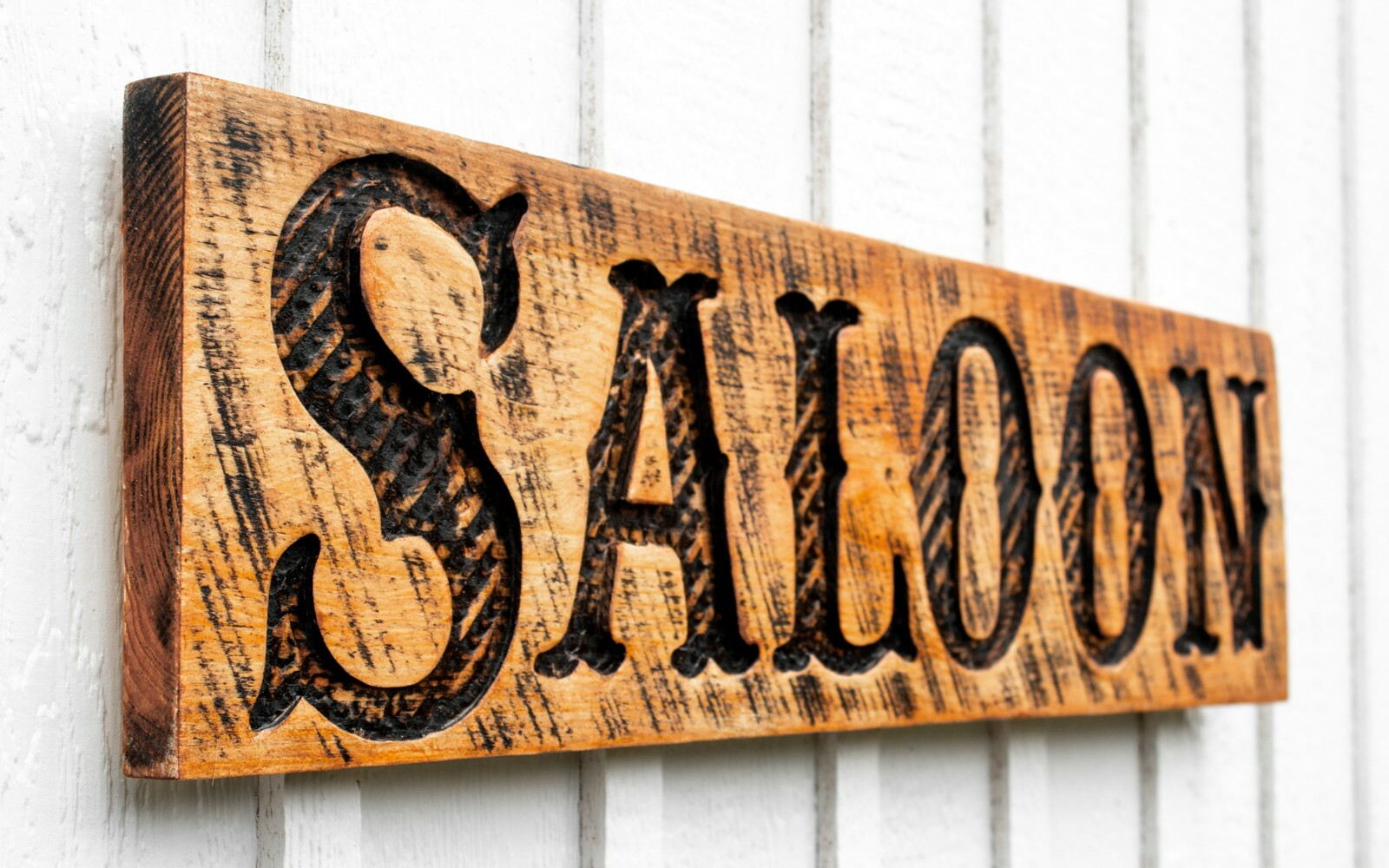 Saloon Sign – Carved in a Solid Wood Board Rustic Distressed Western Style Decor