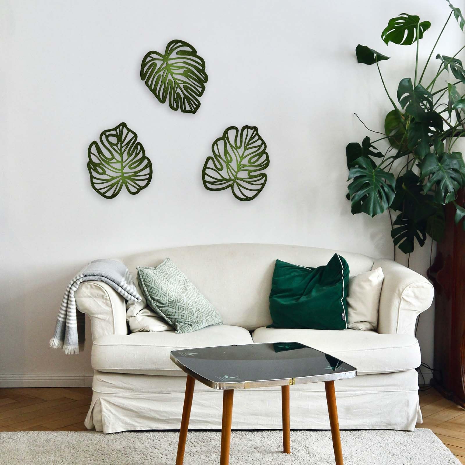 Jungal Wall Decor, 3Pcs Wooden Palm Leaves, Vintage Plant Art, Green