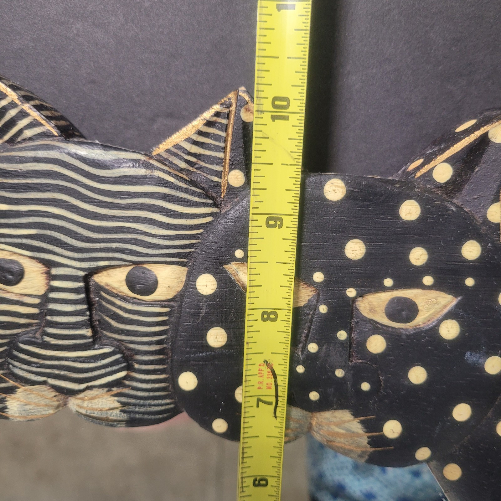 Vintage Folk Art Cats Black Gold White Dot Stripe Mirror and Wall Rack 17″ x 10″