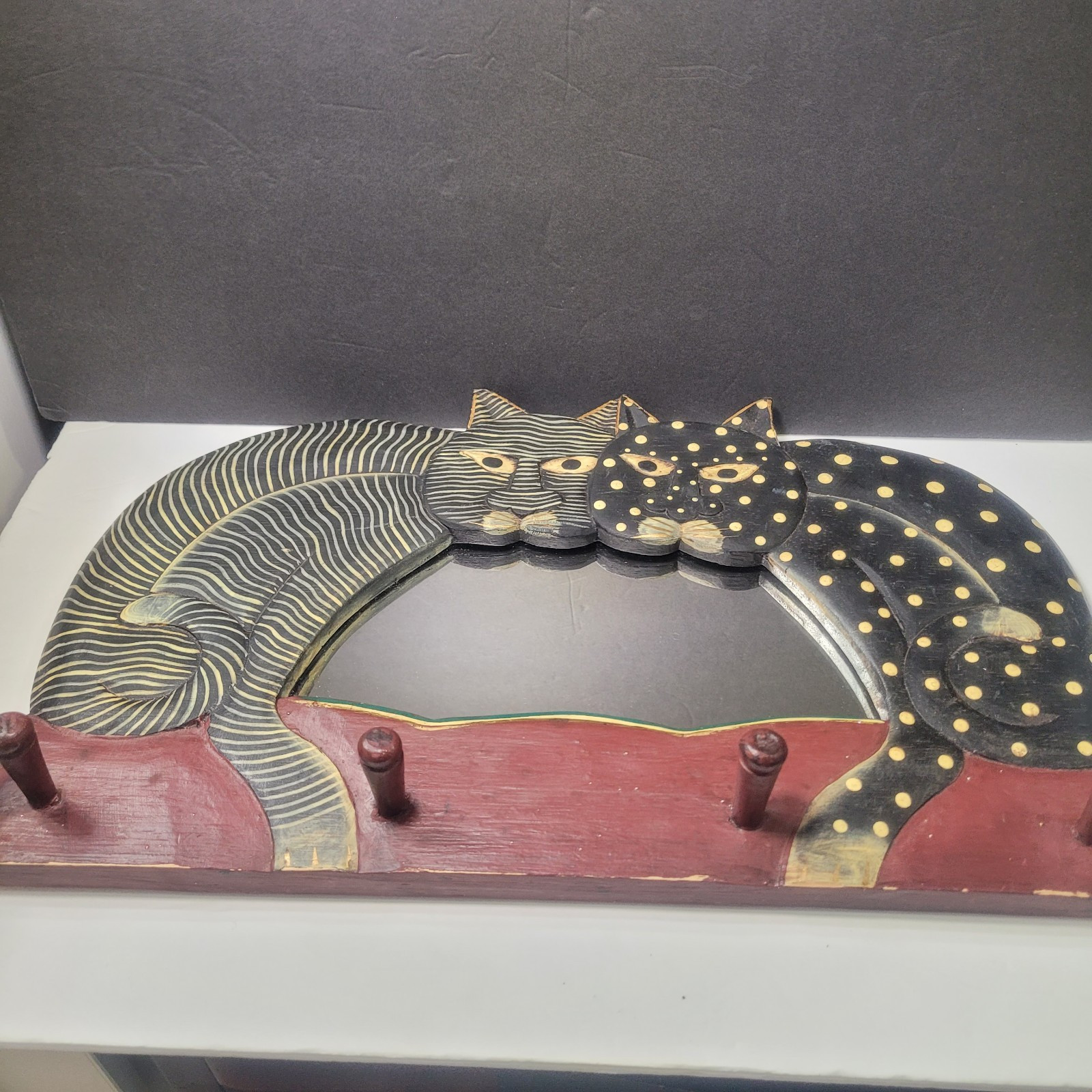 Vintage Folk Art Cats Black Gold White Dot Stripe Mirror and Wall Rack 17″ x 10″