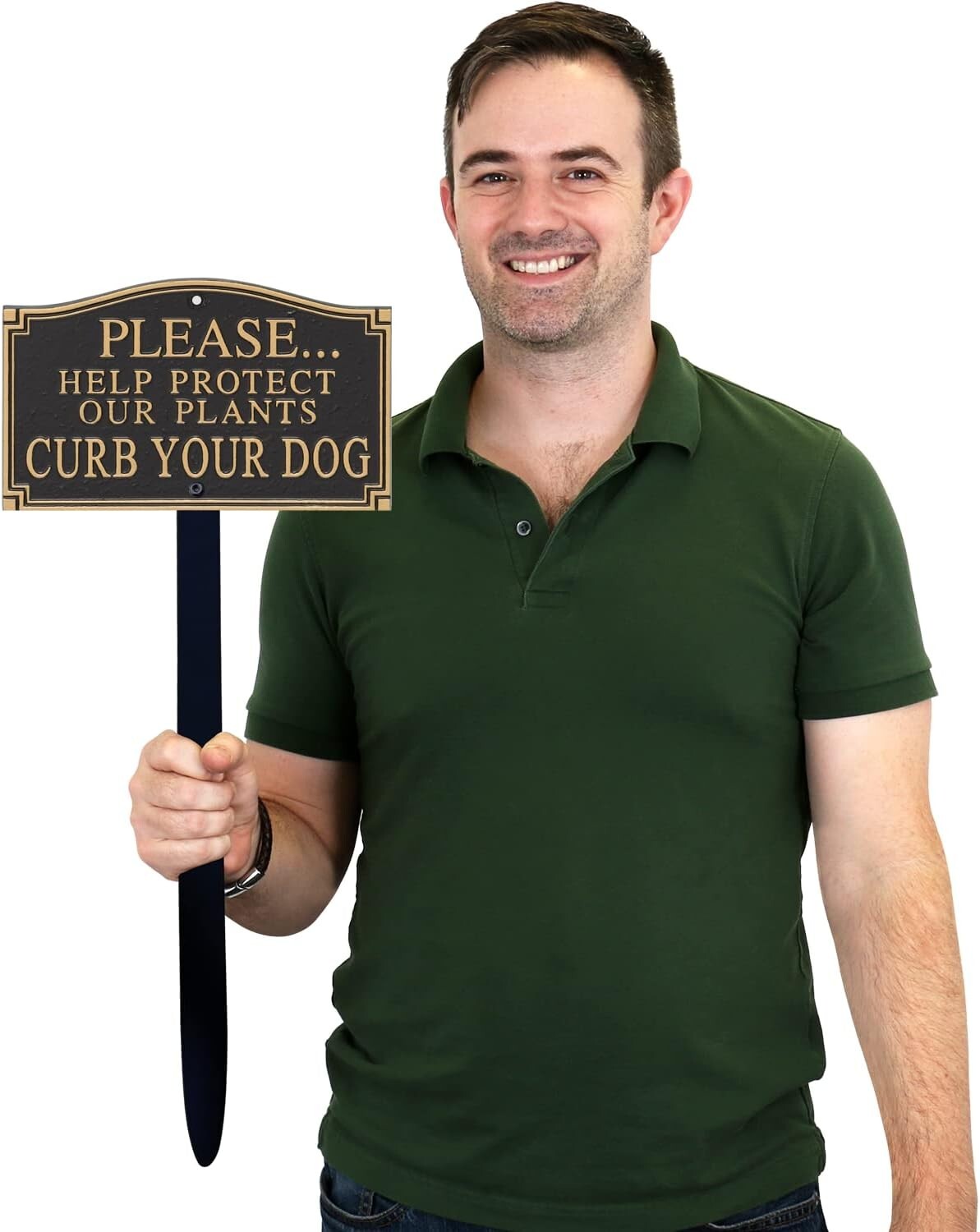 Durable Black & Gold ‘Curb Your Dog’ Plant Protection Plaque with 18″ Lawn Stake