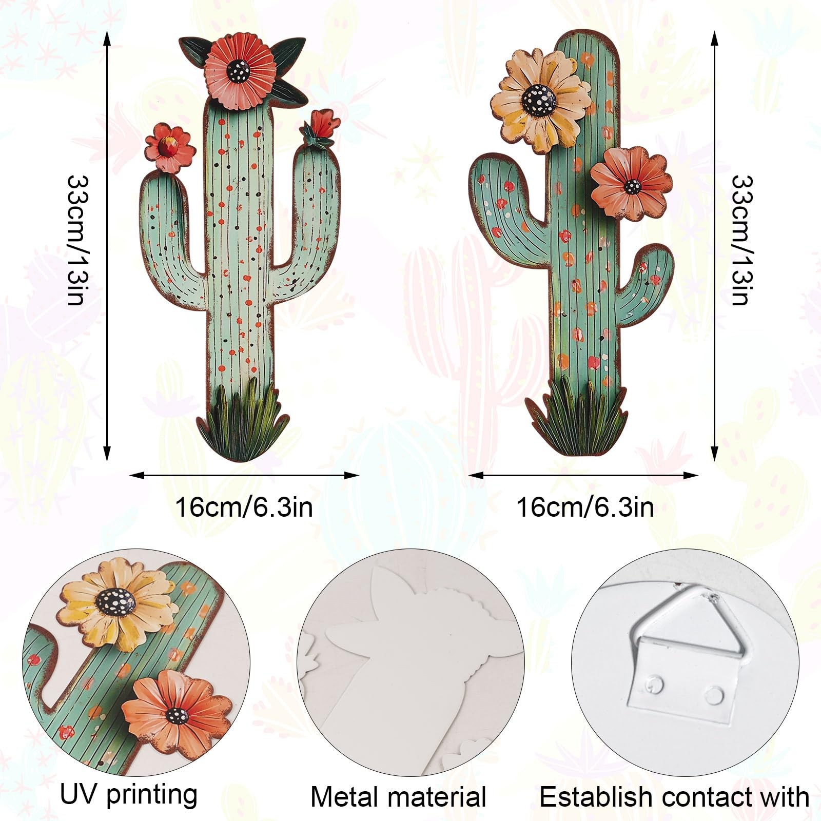 2 Piece Metal Cactus Wall Decor, 13×6.3 Inch Laser Cut Desert Western Art, Ru…