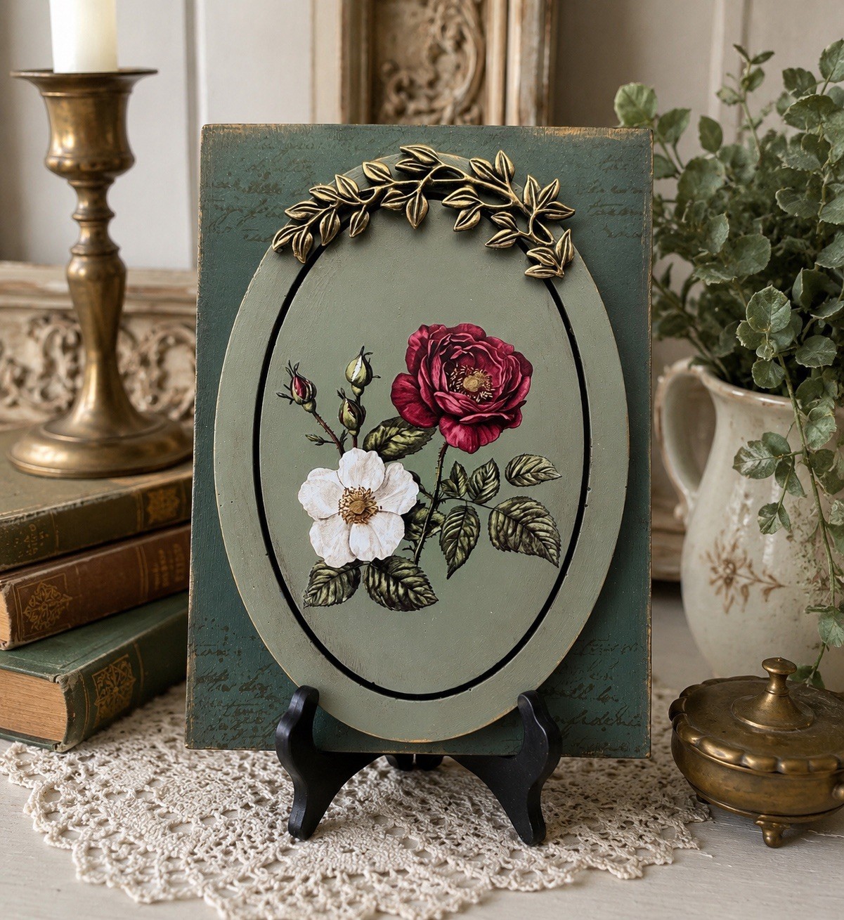Vintage Rose Floral Wall Hanging Green Plaque Cottage Decor Handmade 5.5×7.5