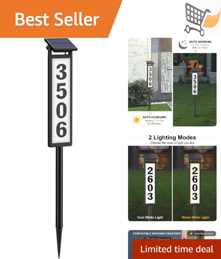 Solar Address Sign Waterproof Outdoor LED House Numbers Yard Illuminated