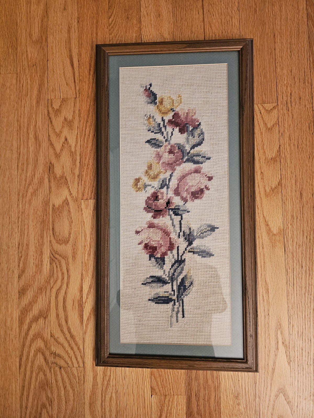 Vintage Floral Needlepoint Roses Framed W/ Glass 10.5″x21.5″