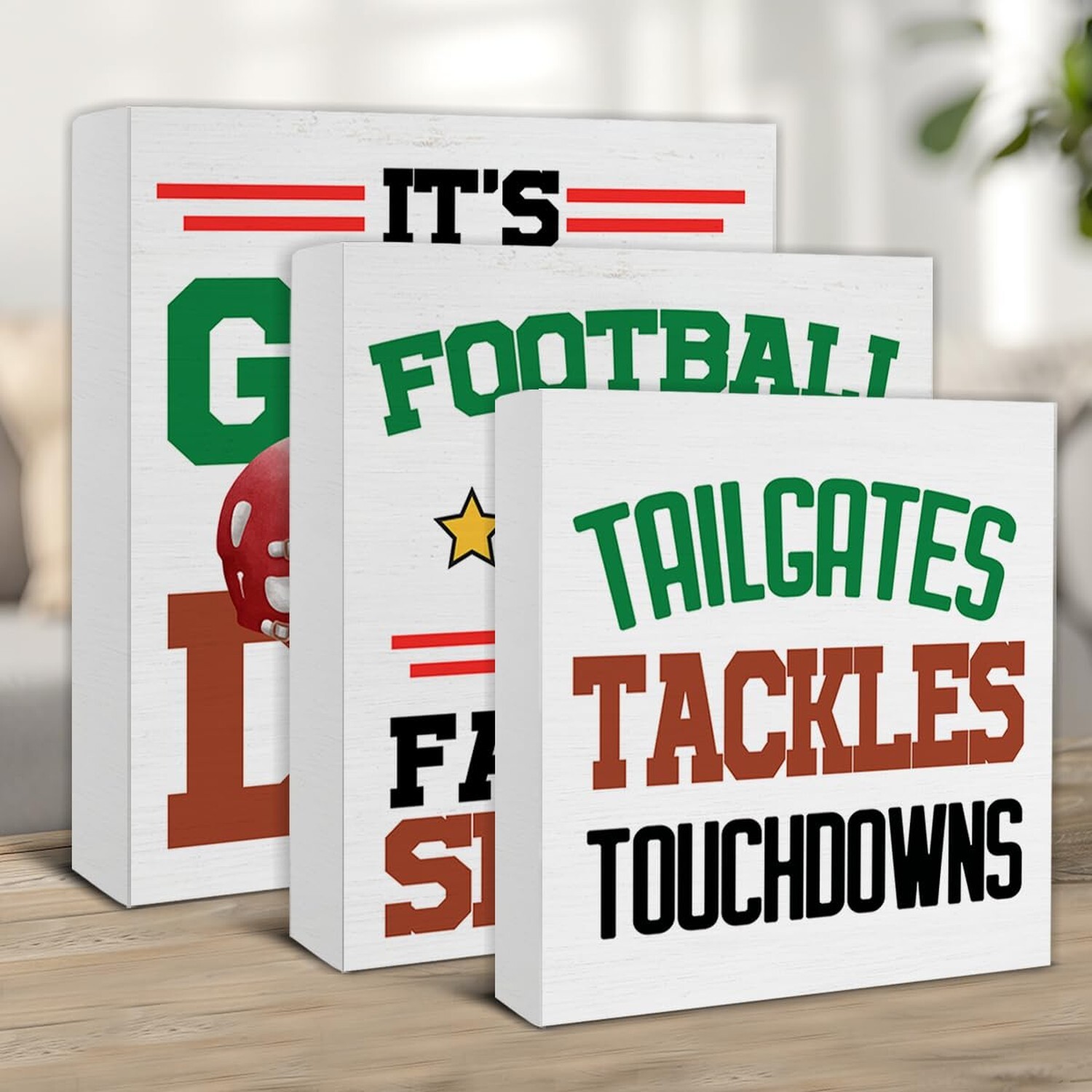 3 Pcs Football Wood Signs Decor Football Sports Wood Block Signs Football Sea…