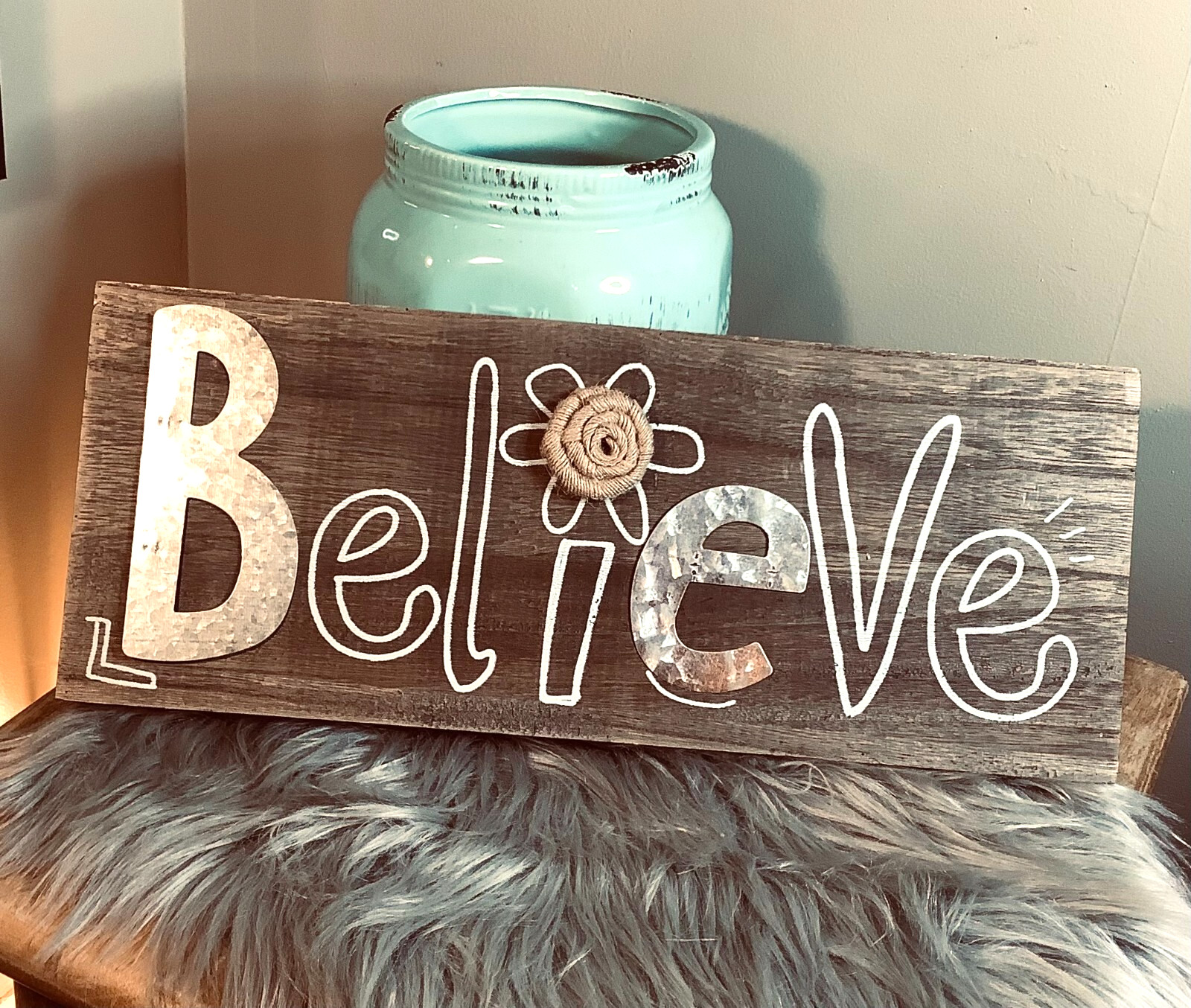 Kirkland’s Mixed Media BELIEVE Wooden Sign (galvanized metal + burlap)