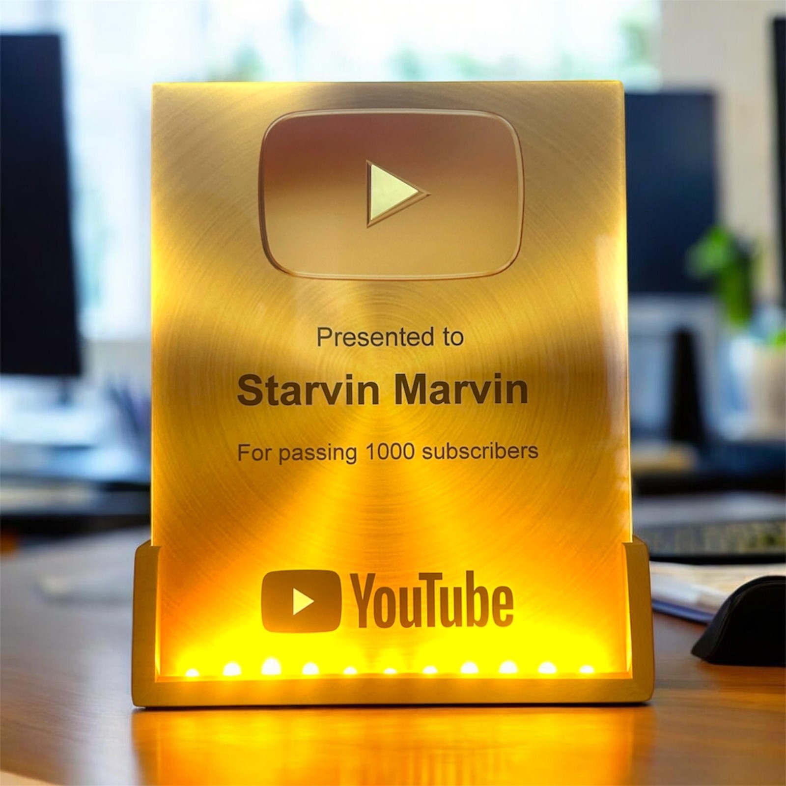 YouTube LED Lights Glass Gold Play Button Plaque Award On Wood Stand | 8×10