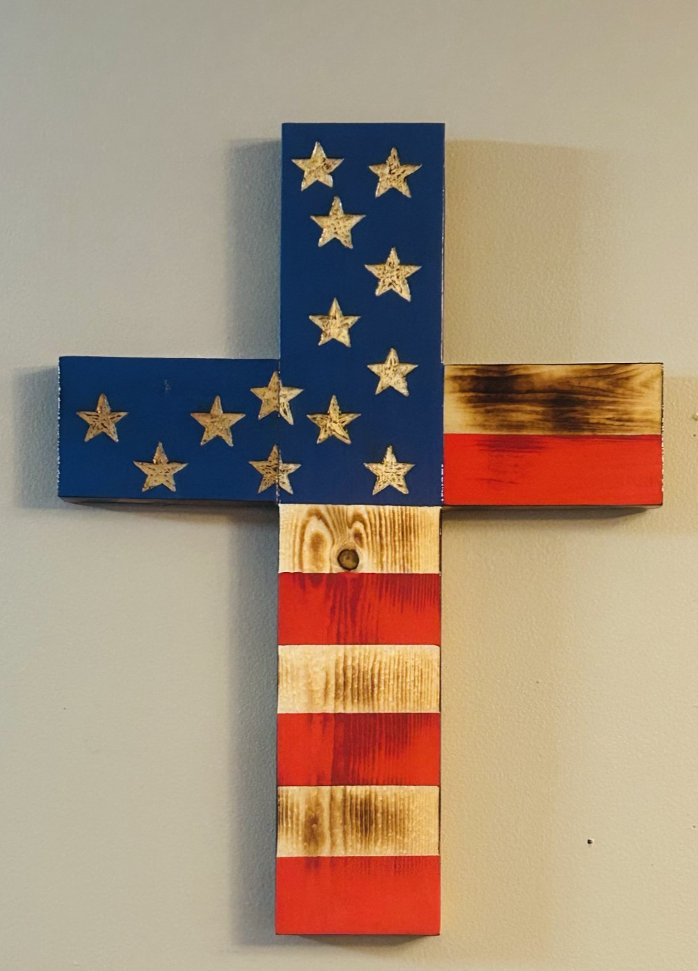 Rustic Handmade American Flag Wooden Cross 17” Wall or Yard Memorial Patriotic