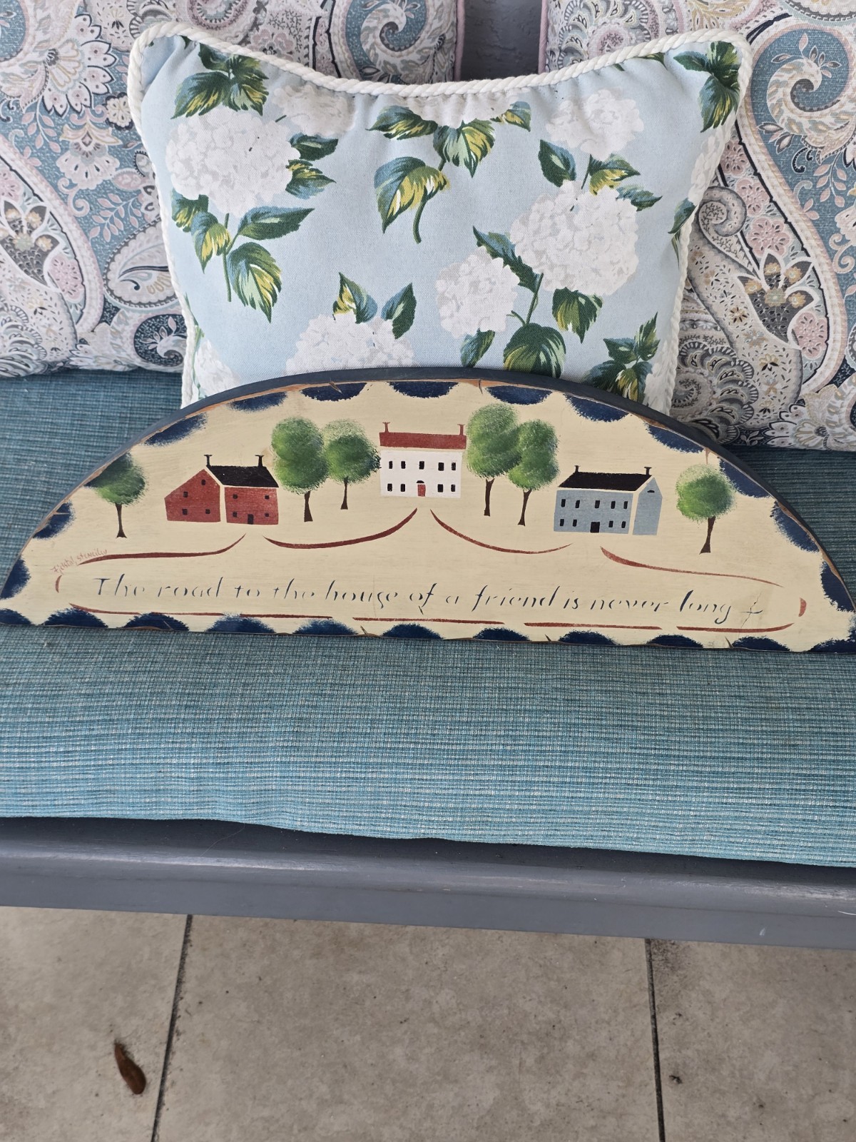 Folk Art stenciled wooden sign 21.5 in The road to a friends house is never long