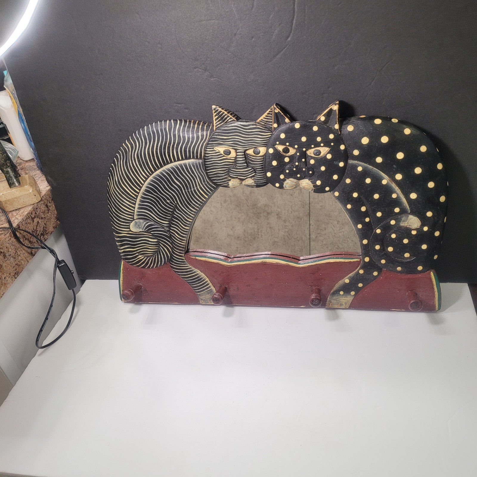 Vintage Folk Art Cats Black Gold White Dot Stripe Mirror and Wall Rack 17″ x 10″