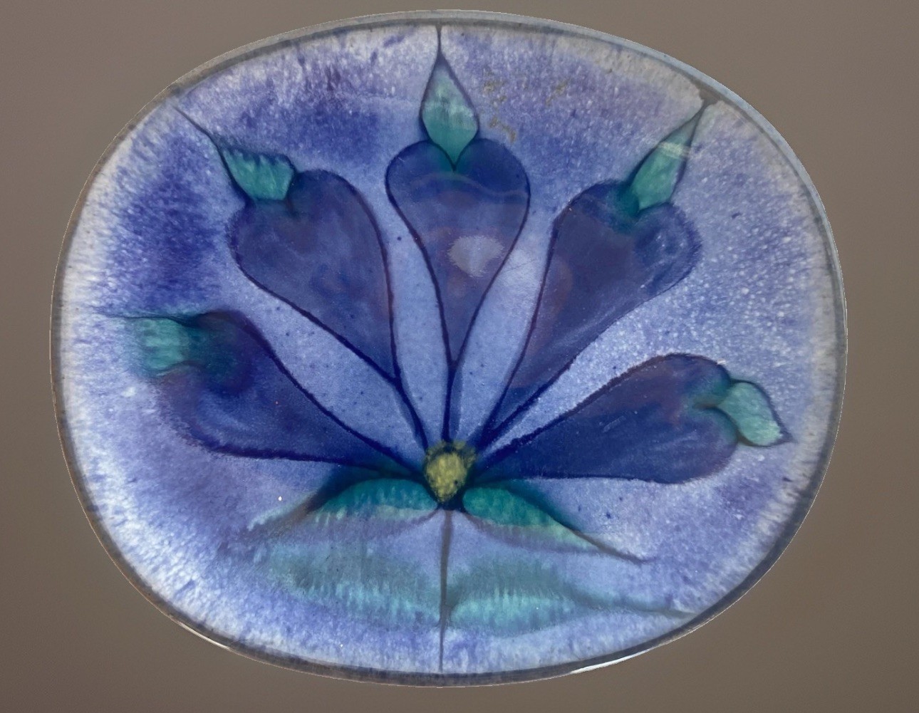 Original OOAK Pottery Wall Plaque, Stylized Blue Flower5-3/4″ Long, Chop Mark