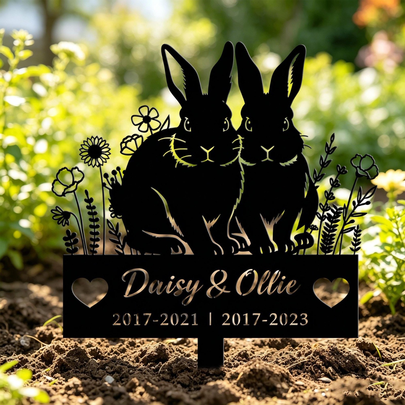Custom Two Rabbit Pet Memorial Metal Stake, Rabbit Lover Sympathy Gift