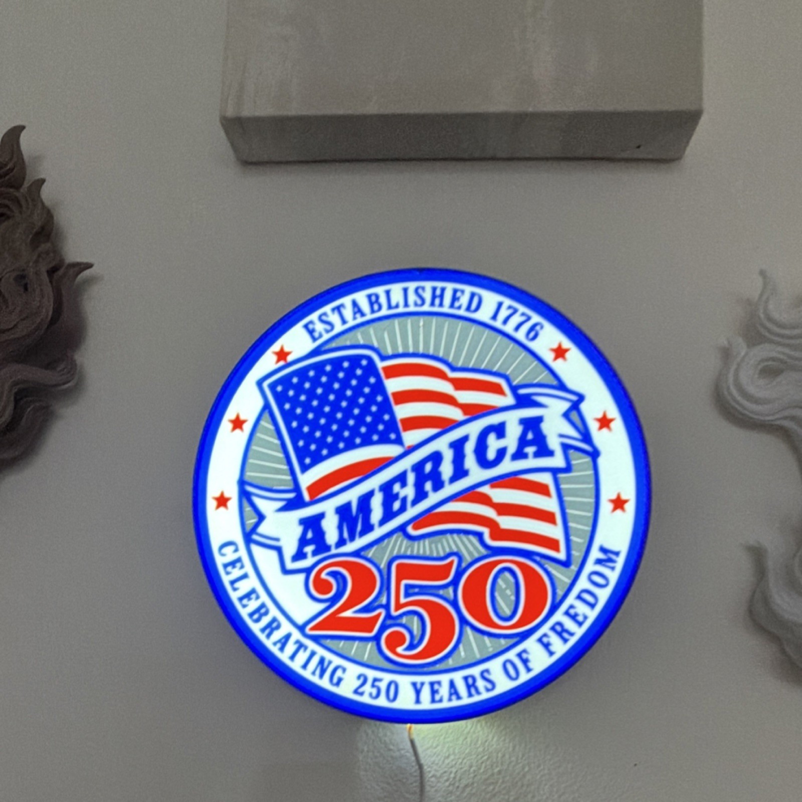 America 250 Illuminated Patriotic Wall Sign Red White Blue Plastic Flag Hanging