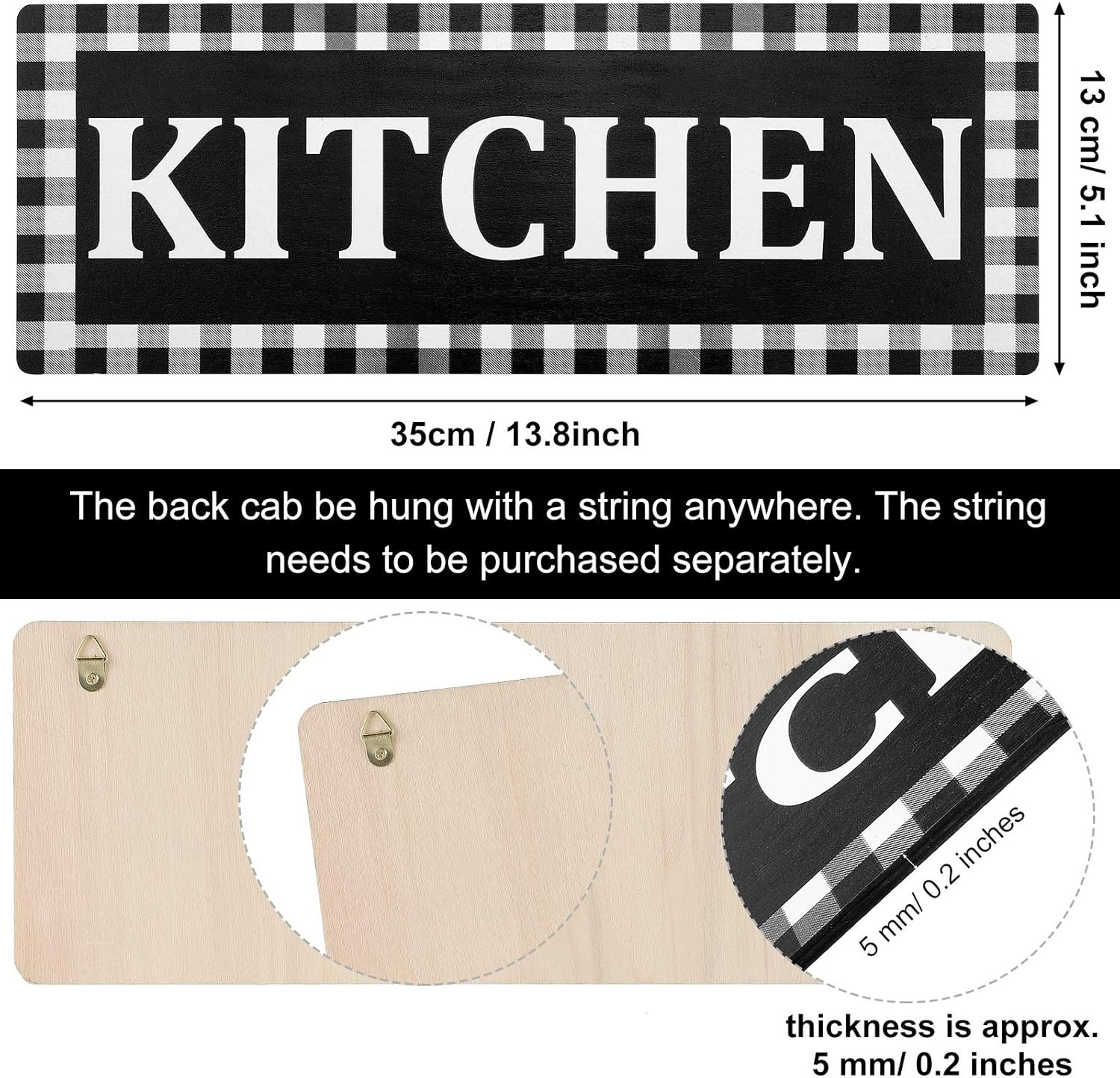 Kitchen Sign Buffalo Plaid Wooden Black and White Wall Decor 13.8″ x 5.1″ Rustic