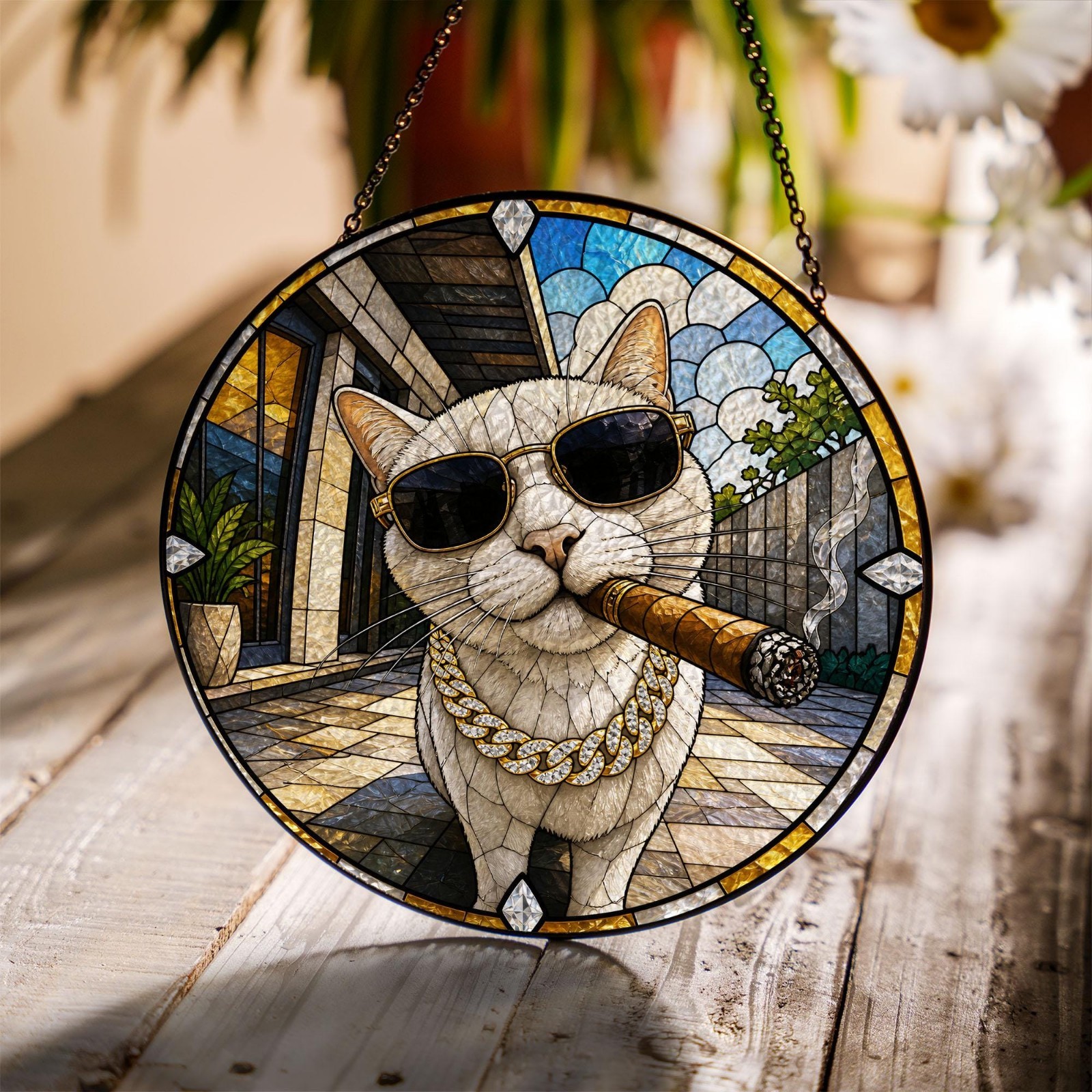 Cool Cat Stained Glass Suncatcher, Funny Cat with Sunglasses