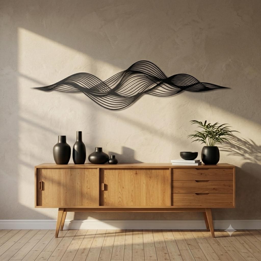 Modern Abstract Flow Metal Wall Art, Horizontal Wave Design, Minimal Black Metal