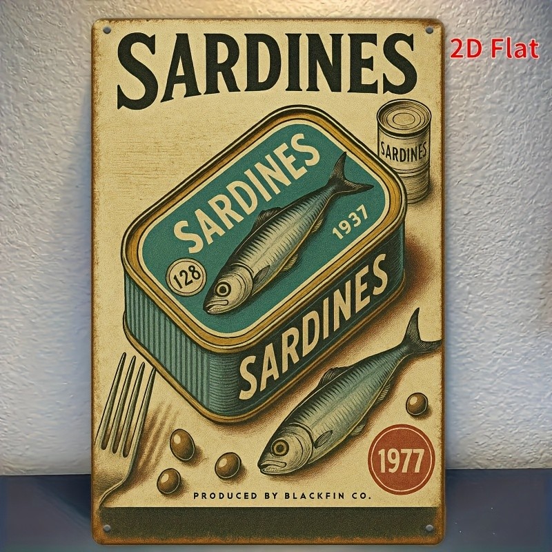 Distressed Retro Sardine Fish Graphic Metal Tin Sign Bistro Kitchen Wall Hanging