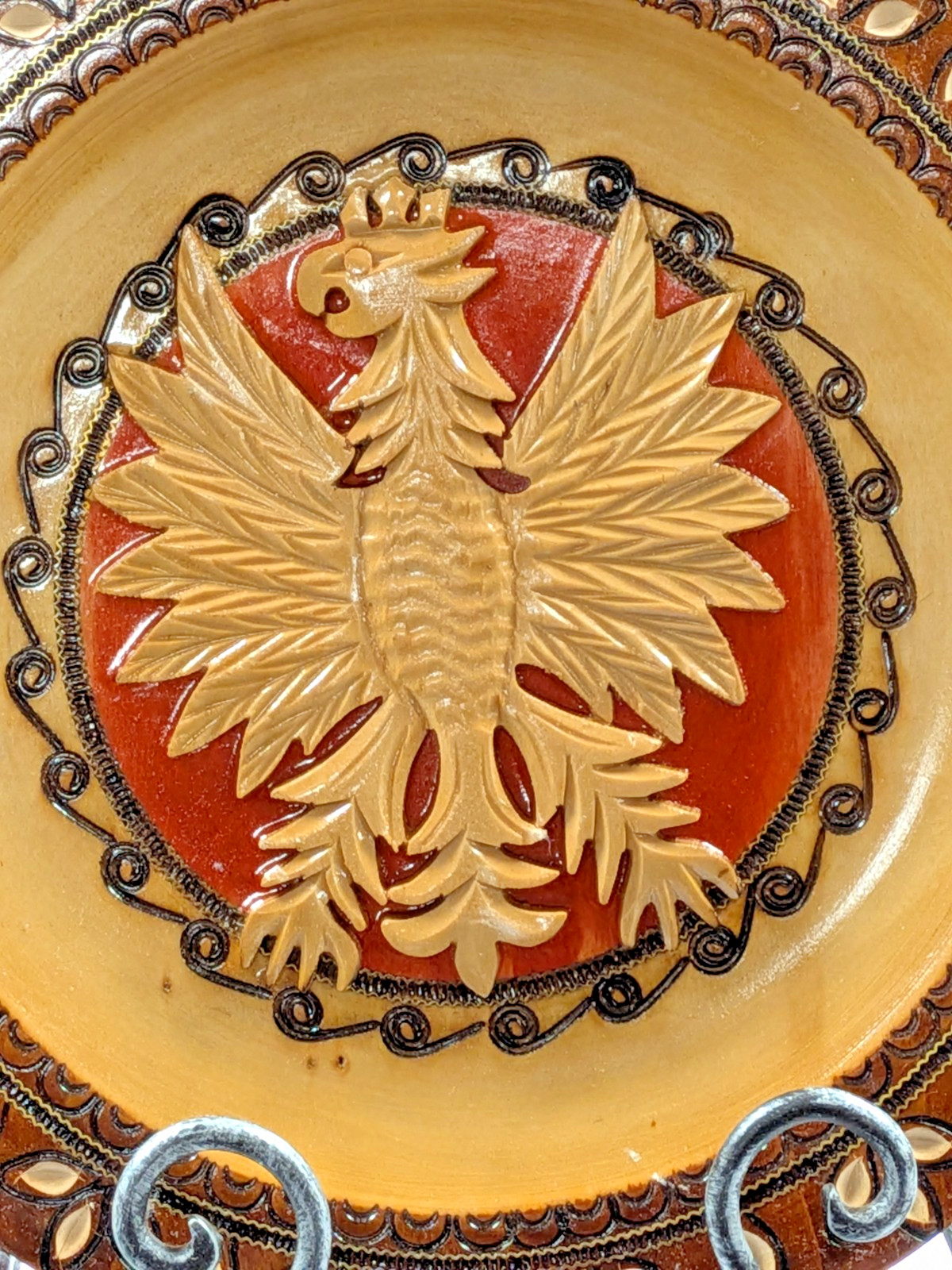 Polish Folk Art Hand Carved Wood Eagle Crest w/Brass Inlay 9-1/4″ Art Plate