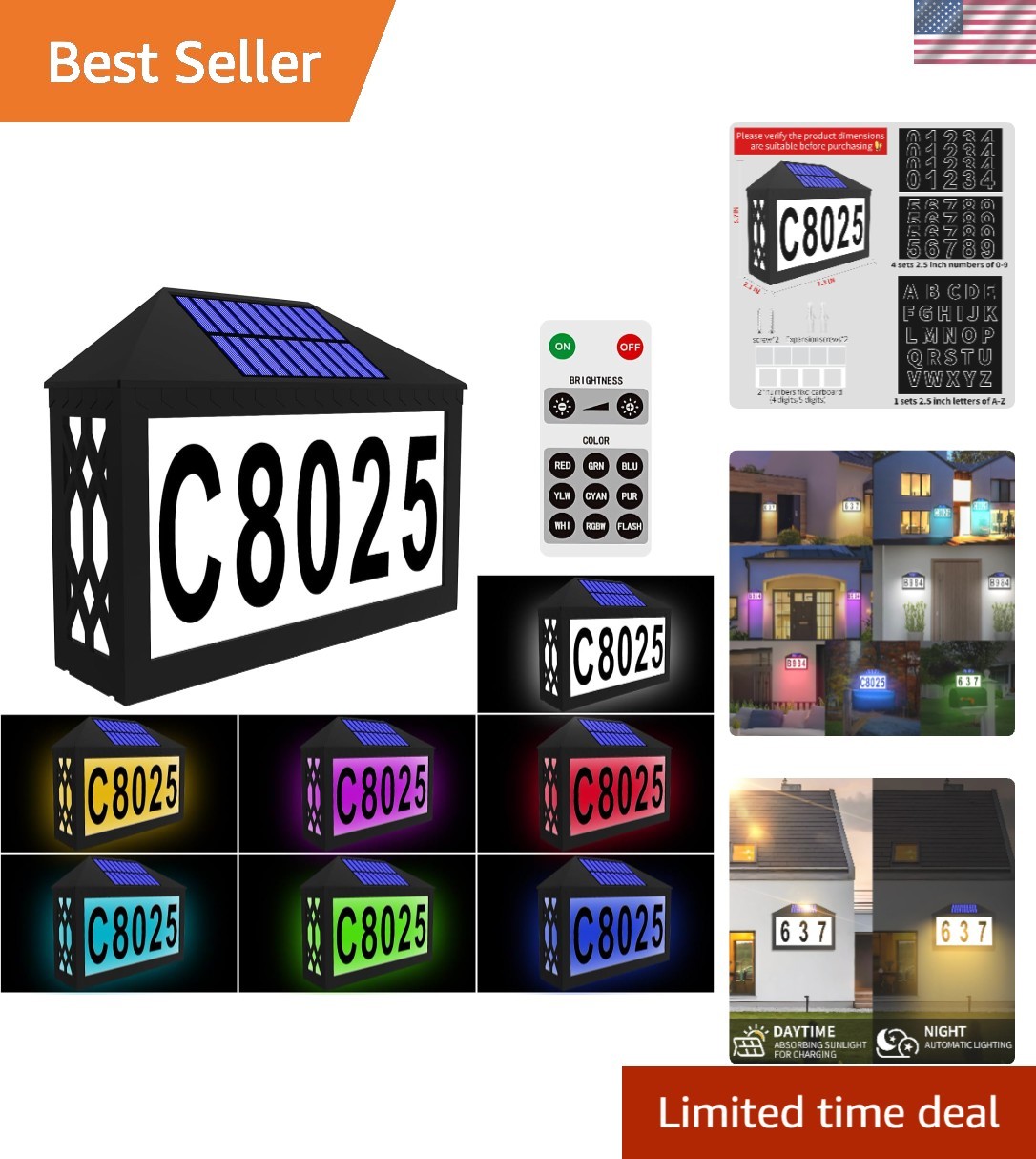 Solar House Numbers, Lighted Solar Address Number with Remote Control | Water…