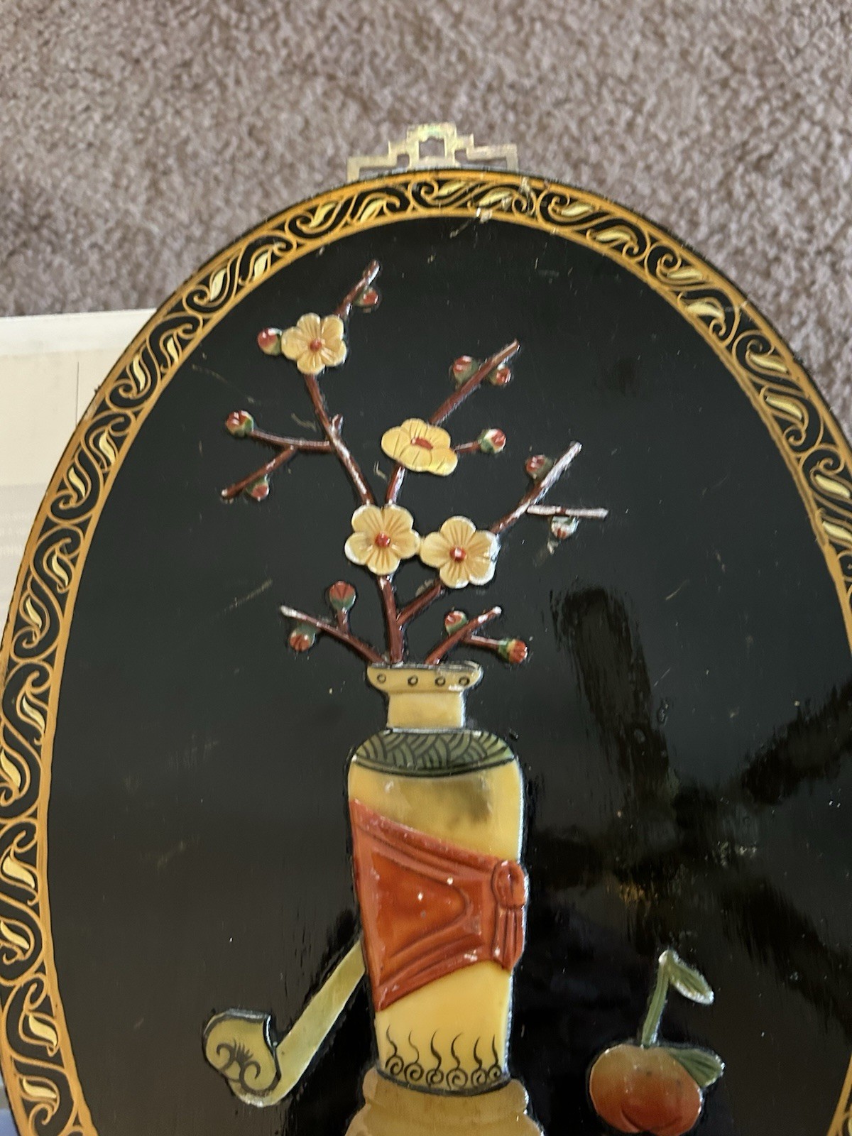 Vtg pair Asian Oval Wall Art Panel Black Lacquer Jade/Soapstone Oriental