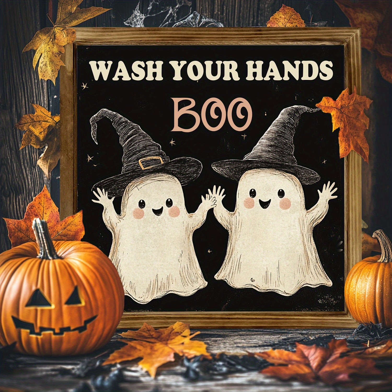 Wooden Frame Print Wash Your Hands Boo Ghost Witch Hat Halloween Wall Decor