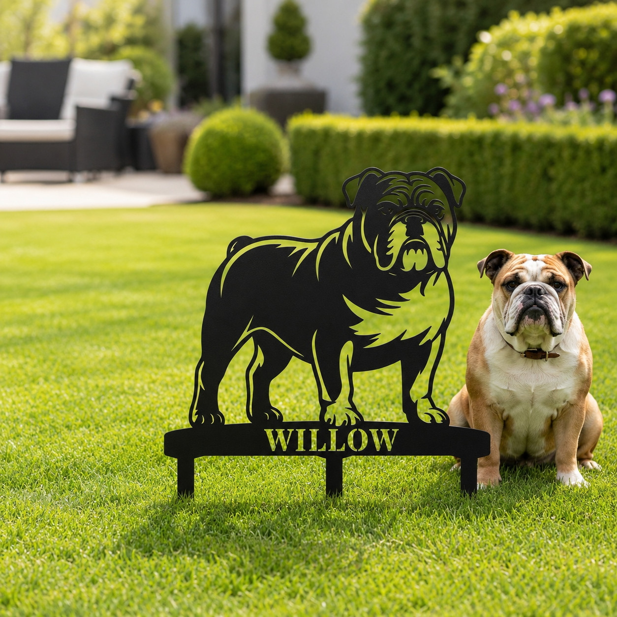 Personalized English Bulldog Garden Metal Sign With Stakes. Dog Lover Name Gift