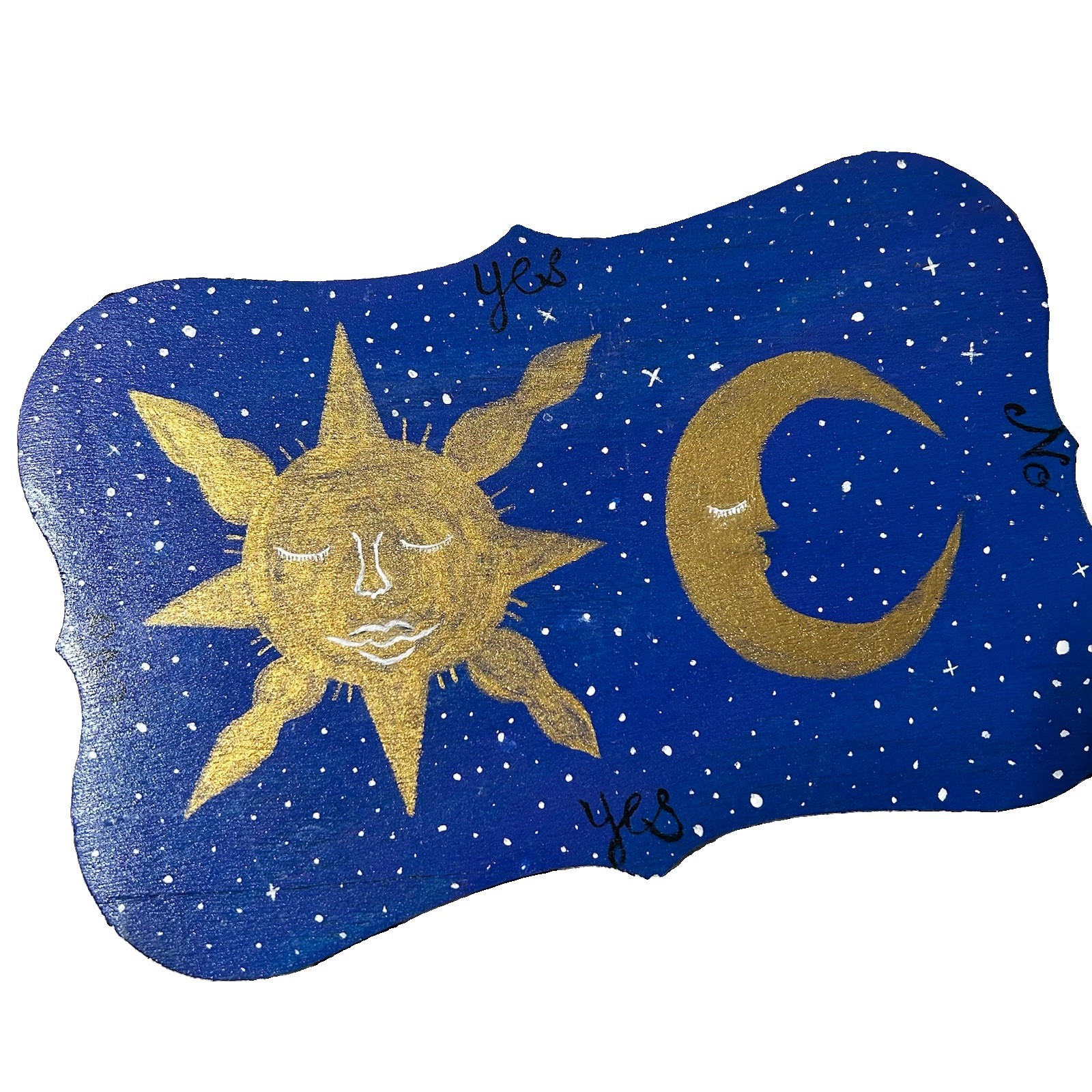 Celestial Sun & Moon Hand-Painted Wood Small Plaque Blue Gold White Stars