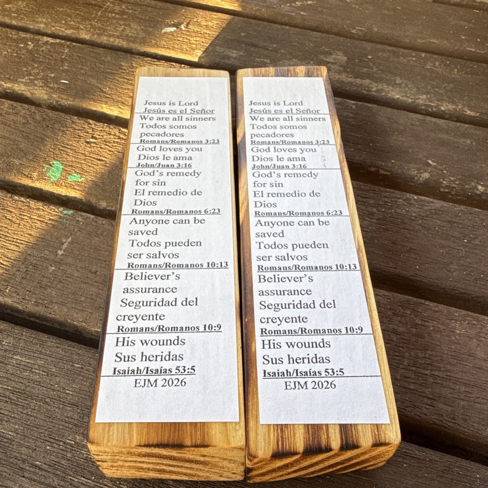 2pc Optical Illusion Jesus Bible Verse Plaque Set, Free Standing, Stained Wood