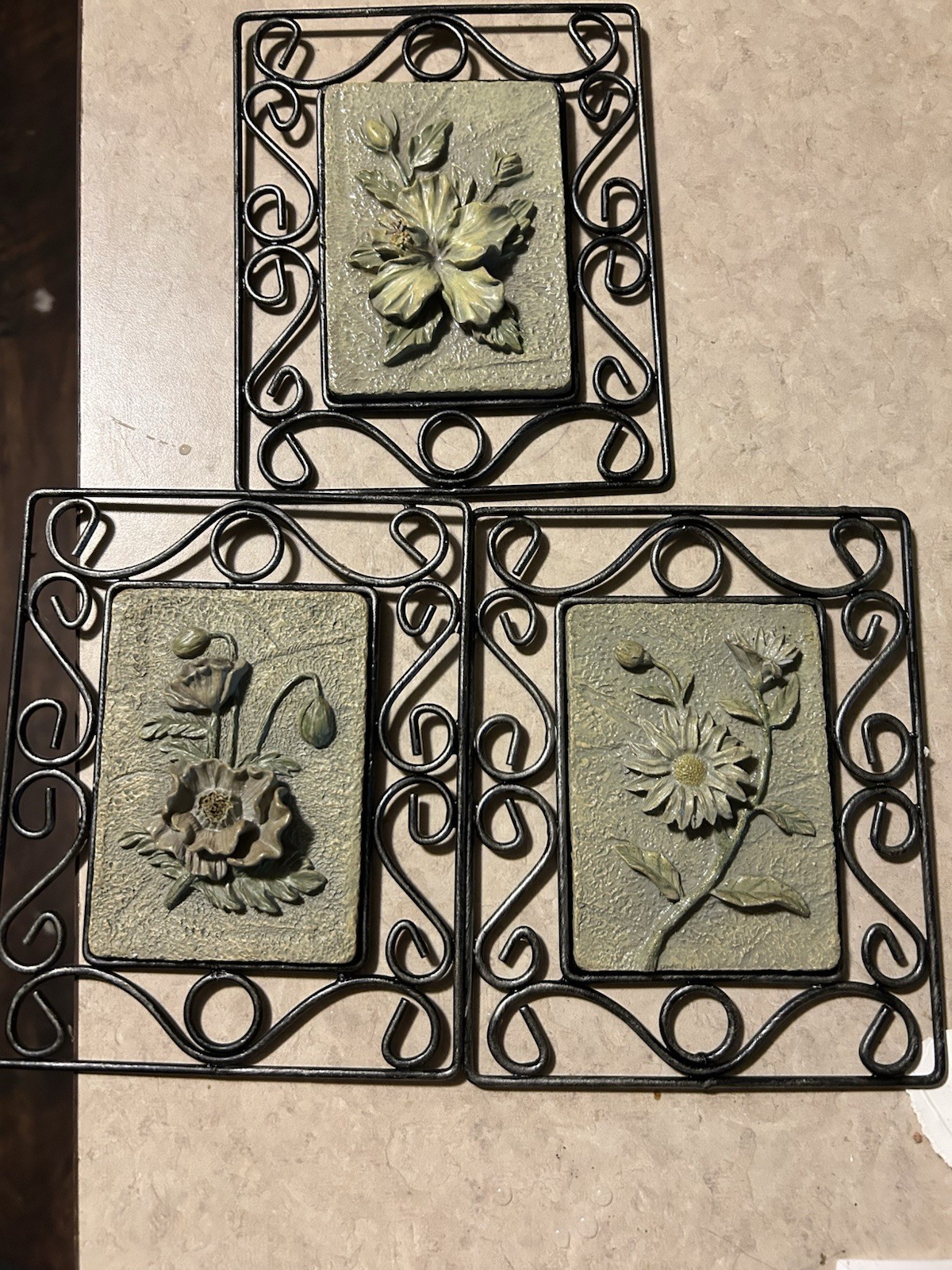 Set of 3 Square Black Metal Floral Wall Plaques, Green Relief Flowers, 7 x 7