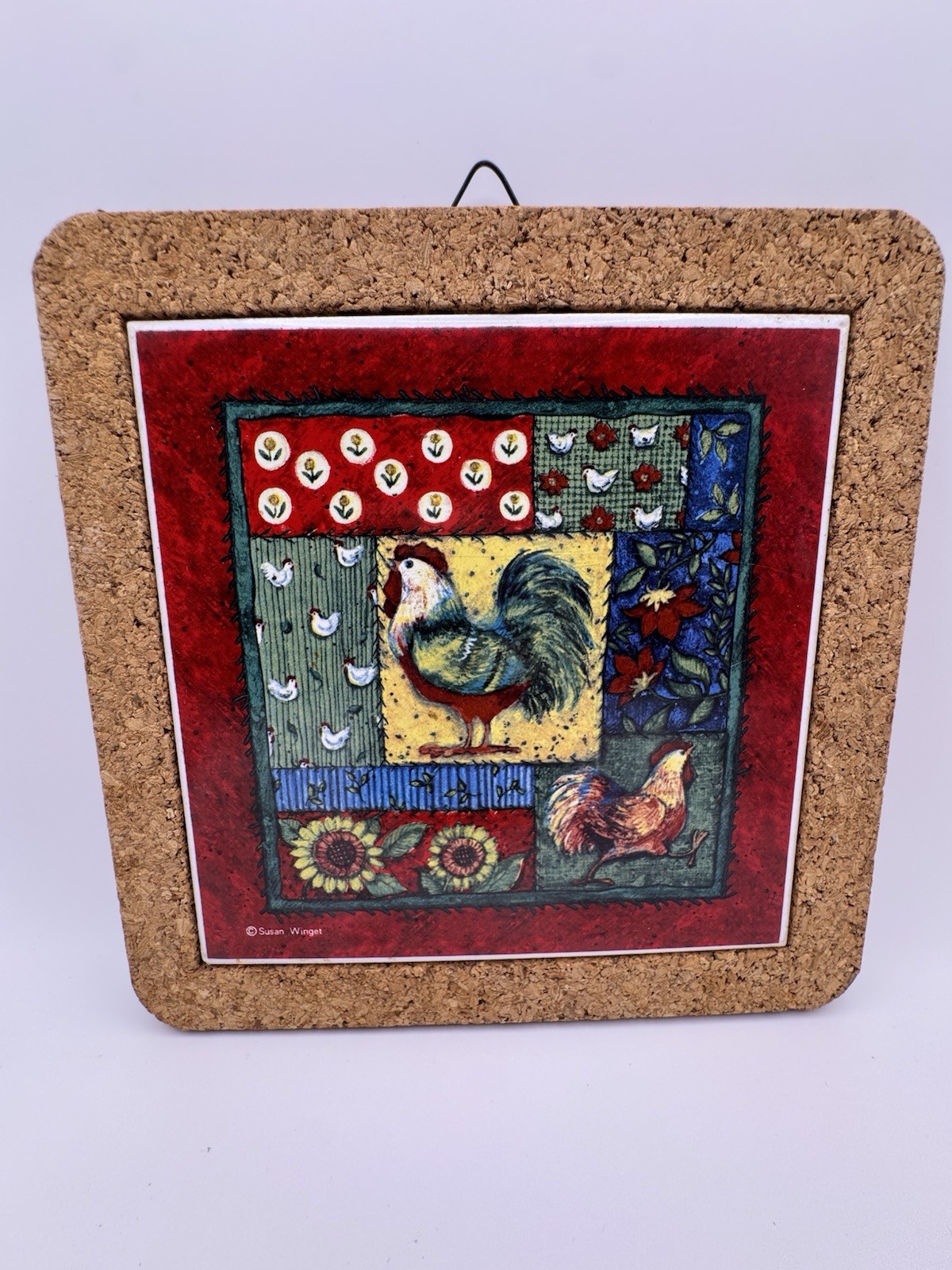 Title Susan Winget Rooster Ceramic Tile Wall Plaque Cork Frame Farmhouse Decor