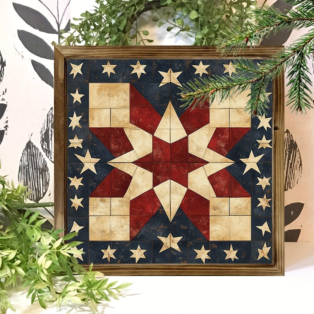Vintage Star Quilt Flag Wooden Plaque Patriotic Farmhouse American Home Decor