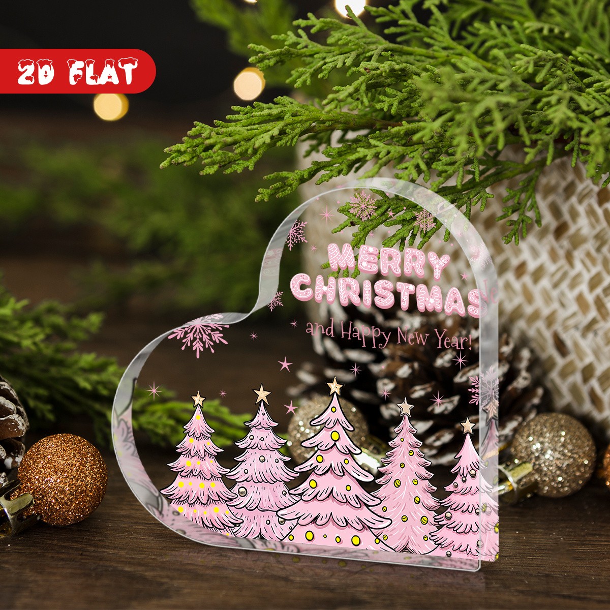 Pink Christmas Tree Heart Shape Acrylic Plaque Merry Christmas Farmhouse Decor