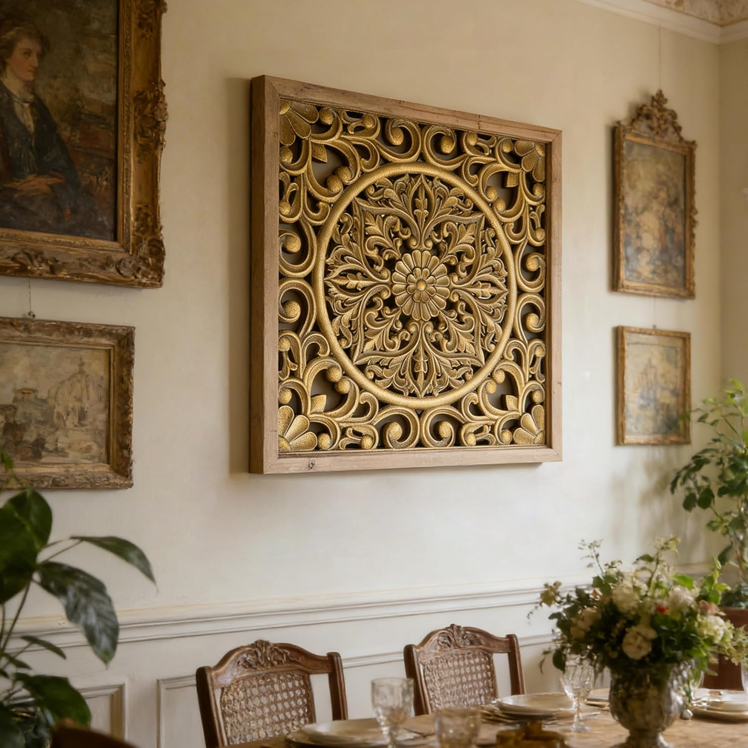 Boho Floral Mandala Wood Wall Art with Gold Finish for Vintage Farmhouse Decor