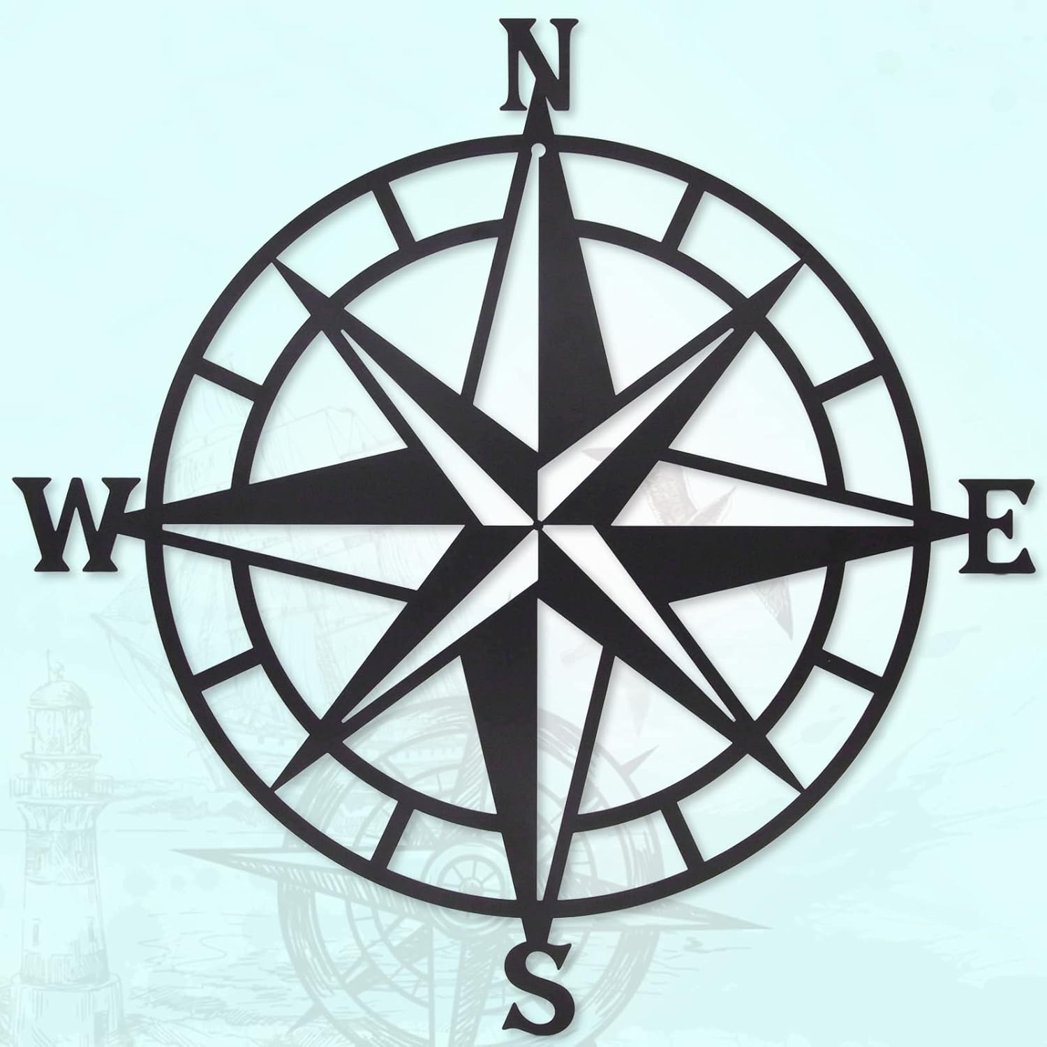 Black Metal Nautical Compass Wall Decor Ocean Theme Wall Hang Metal Art