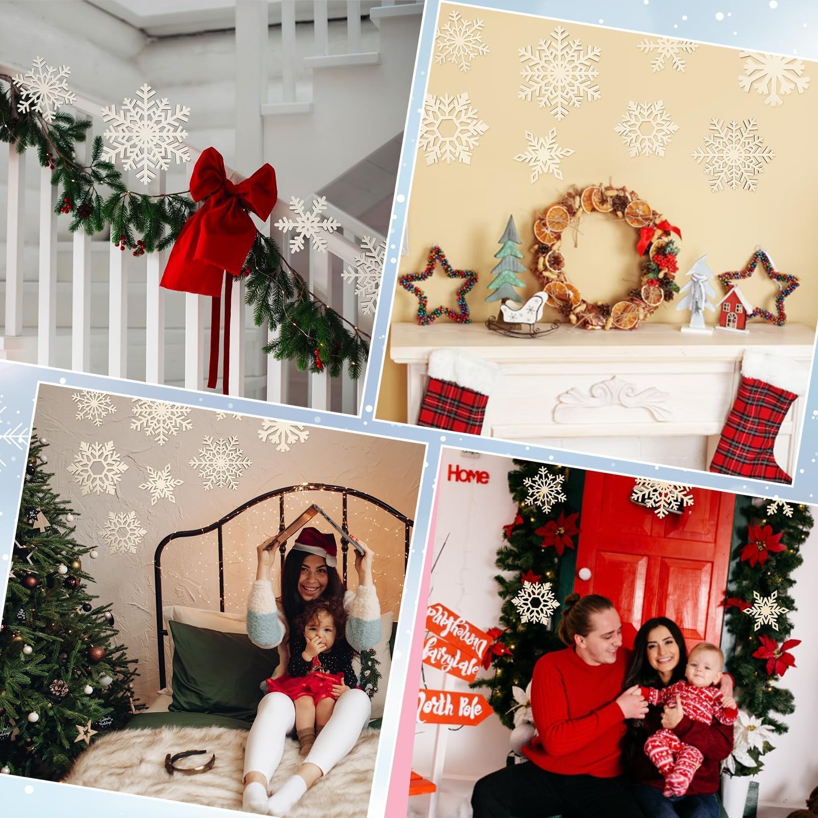 8 Pcs Wooden Snowflake Wall Decor, 3 Sizes Large White Wood Hollow Snowflakes…
