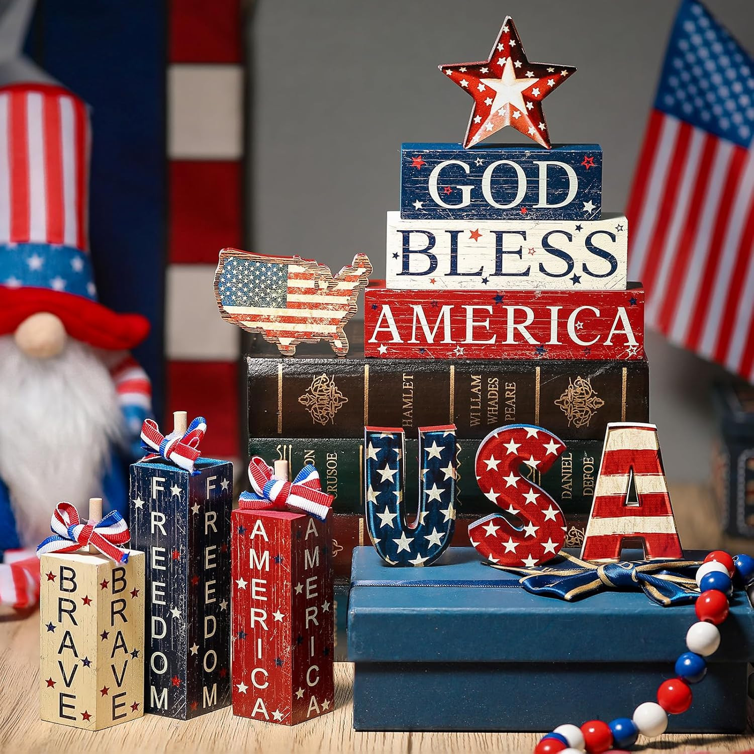 11 Pcs 4Th of July Decoration Memorial Day Table Sign Patriotic Tiered Tray D…