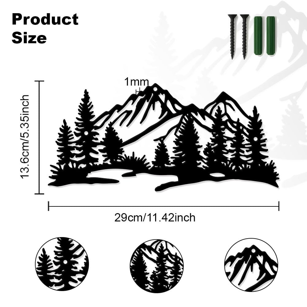 Matte Black Minimalist Mountain Forest Metal Wall Art Hanging Decor