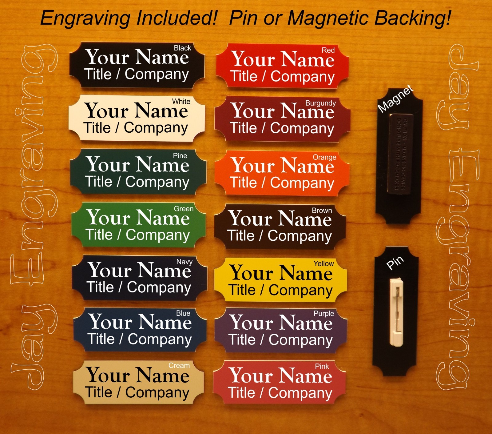 Custom Engraved 1×3 inch Name Tag with Magnetic or Pin Clasp USA Made Any Color!