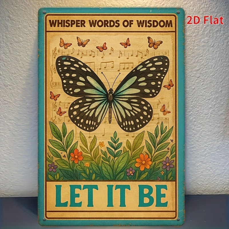 Vintage Butterfly Design Metal Sign Let It Be Lyrics Quote Home Accent Decor