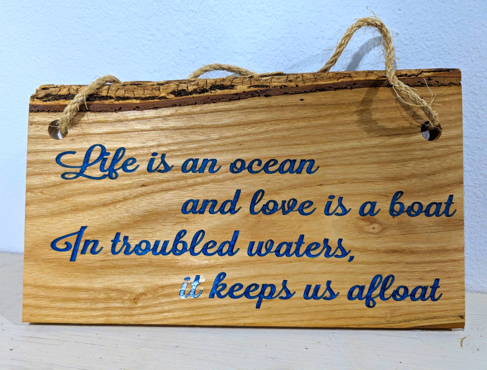 Wood Rope Hanging Wall Sign Nautical Quote “Life is an ocean and love is a boat”