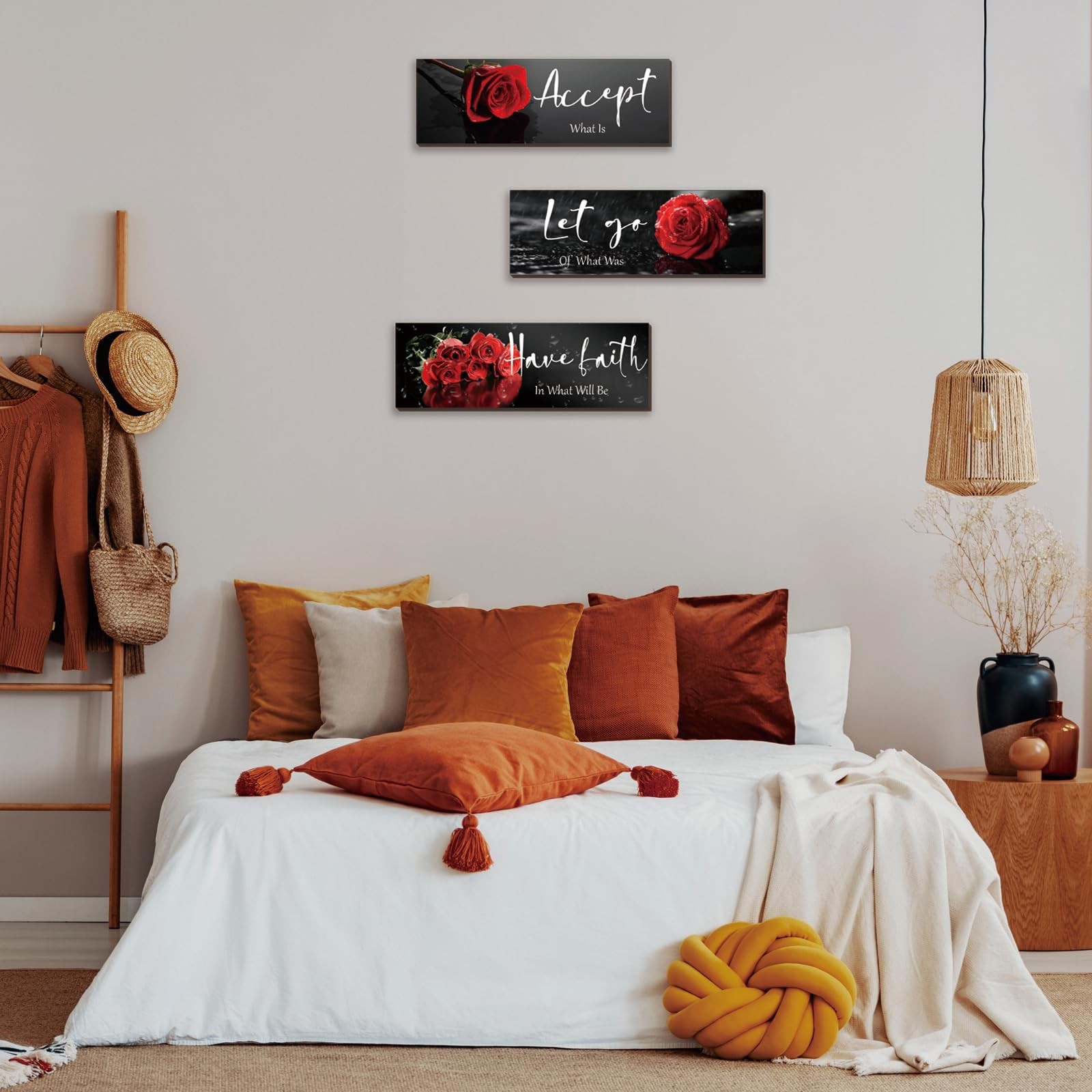 3 Pcs Red Decor Flower Inspirational Wooden Wall Art Red Roses Office Wall De…