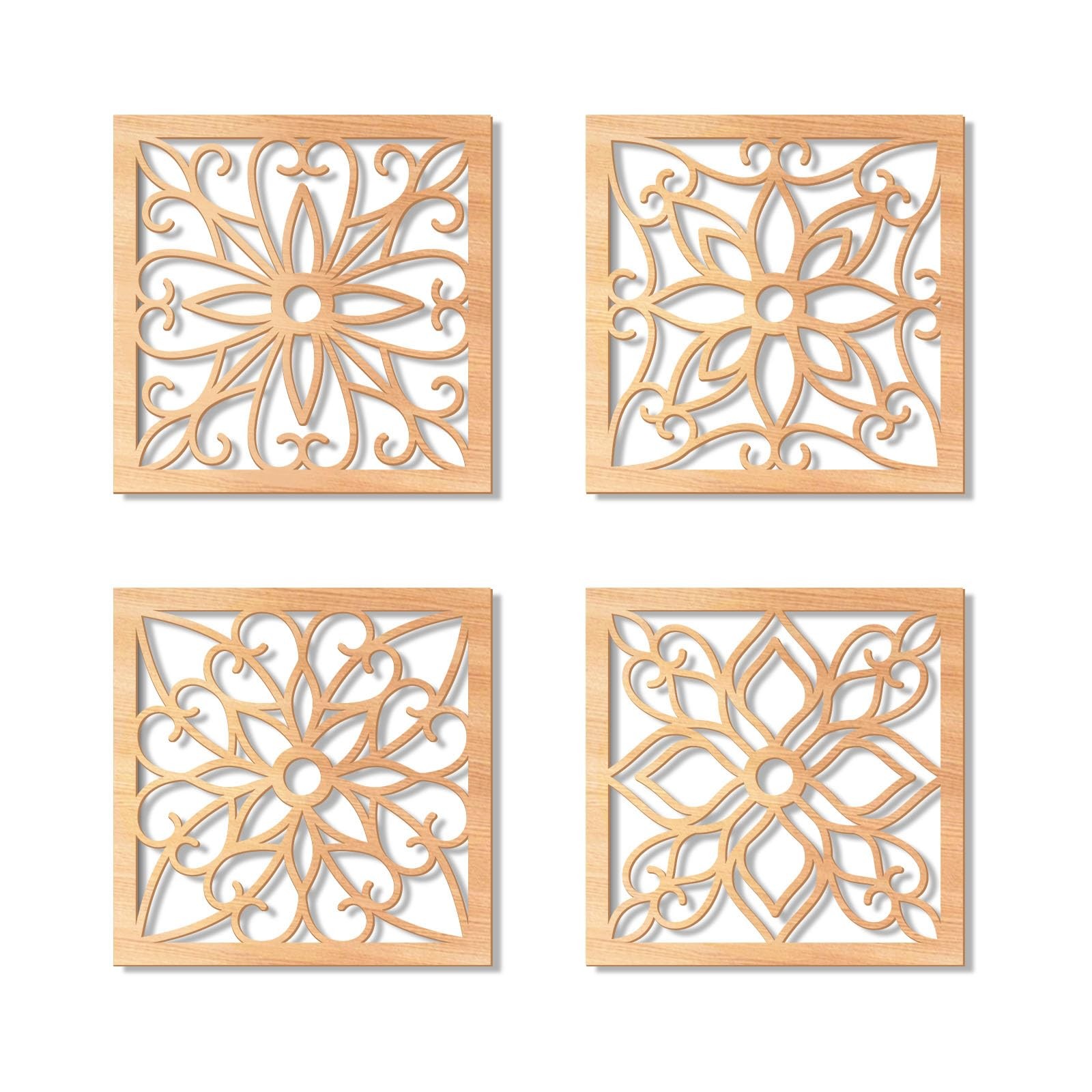 KOYILTD 4 Pieces Thicken Rustic Wall Decor,Flower Carved Wall Art,Wooden Holl…