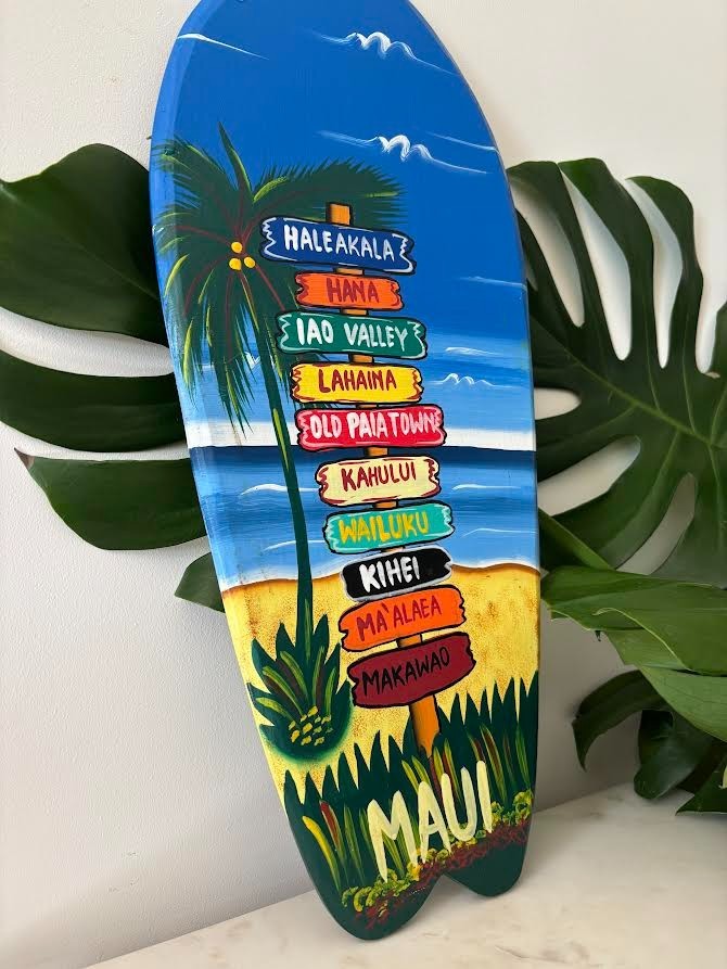 Hawaiian Hand Made 20″ Carved Wooden Surfboard Airbrush Beach Maui Sign Map