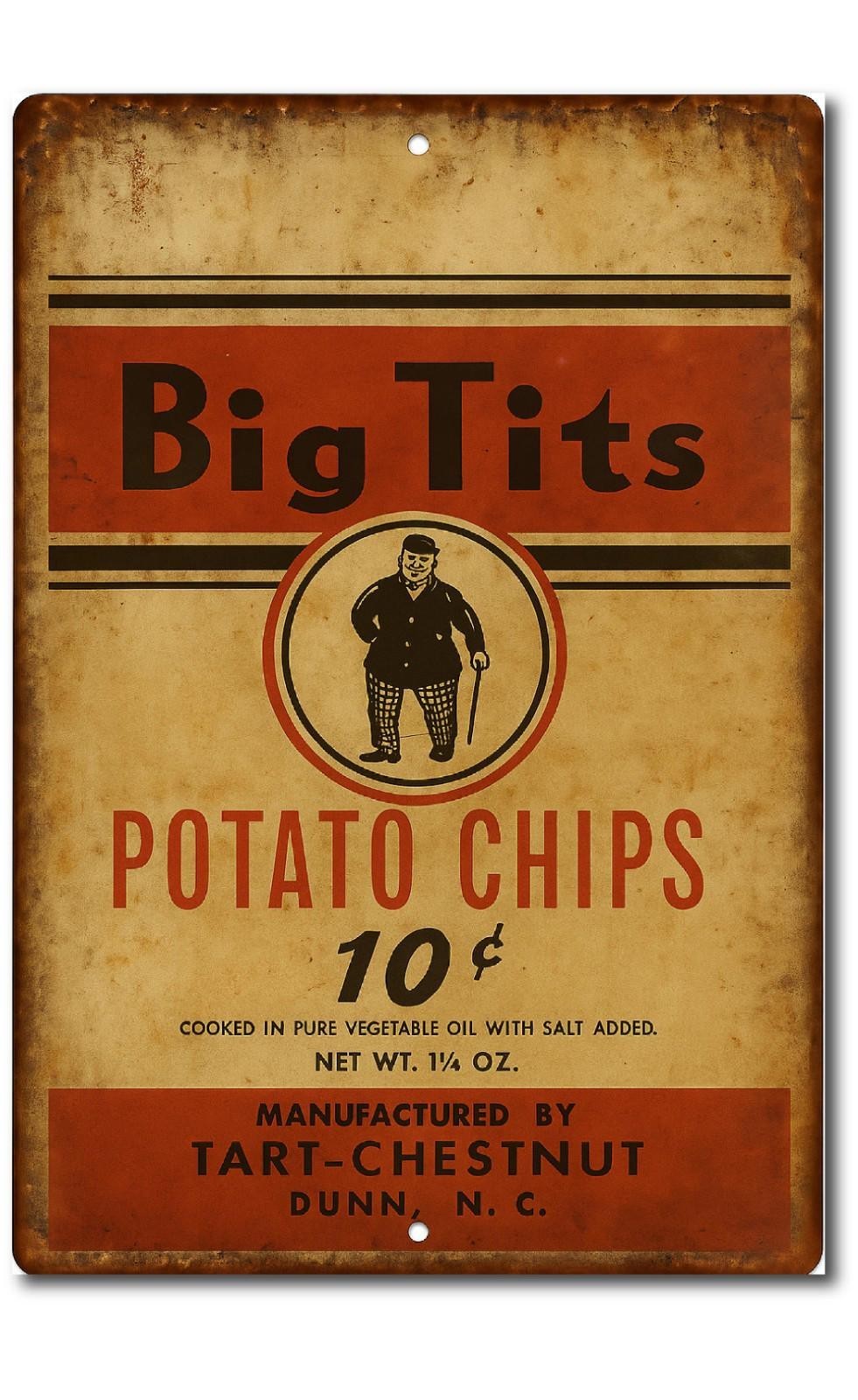 Metal Tin Sign Big Tits Potato Chips Funny Rustic Bar Workshop Garage Aluminum