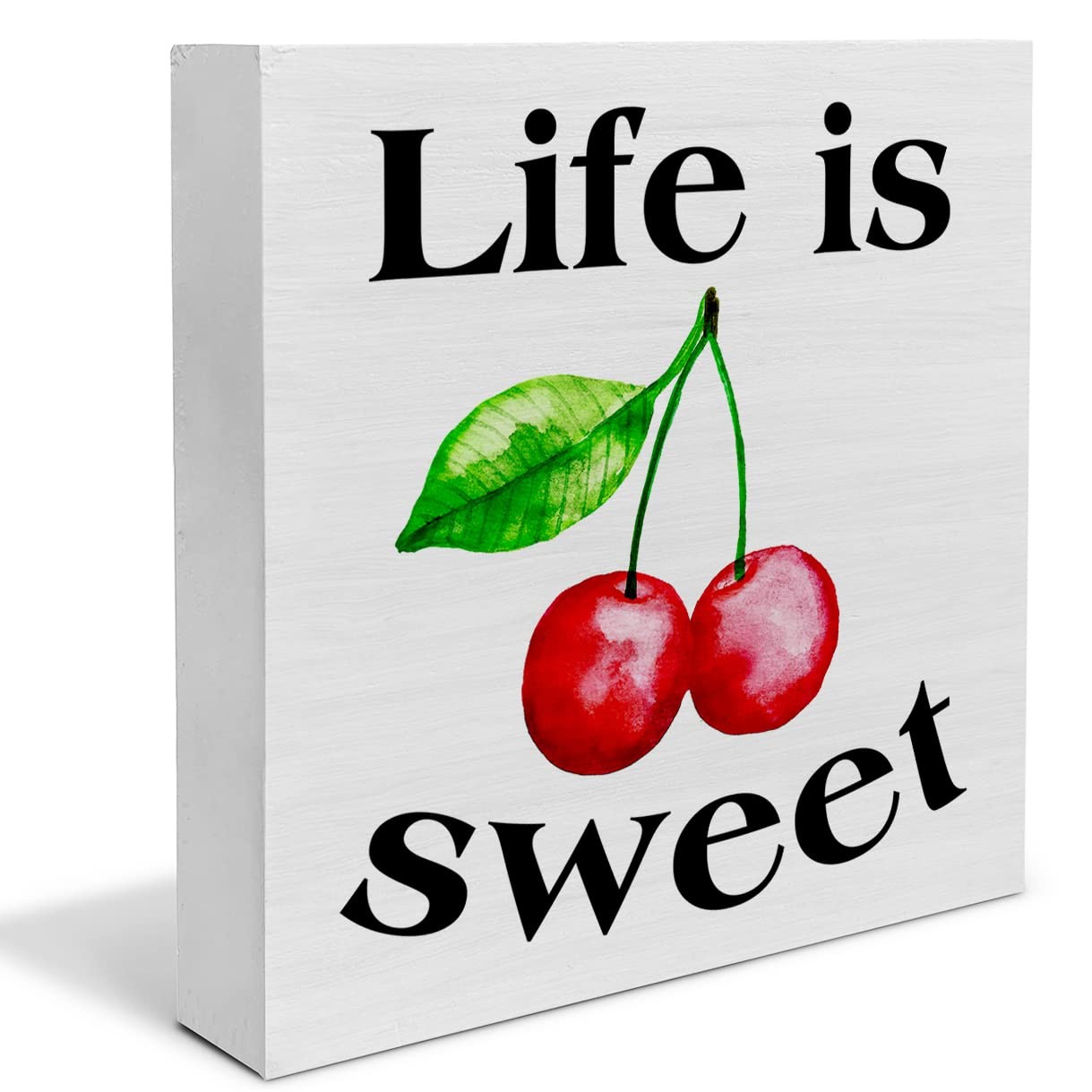 Summer Cherry Wooden Box Sign Life is Sweet Wood 5″L x 5″W, polychrome
