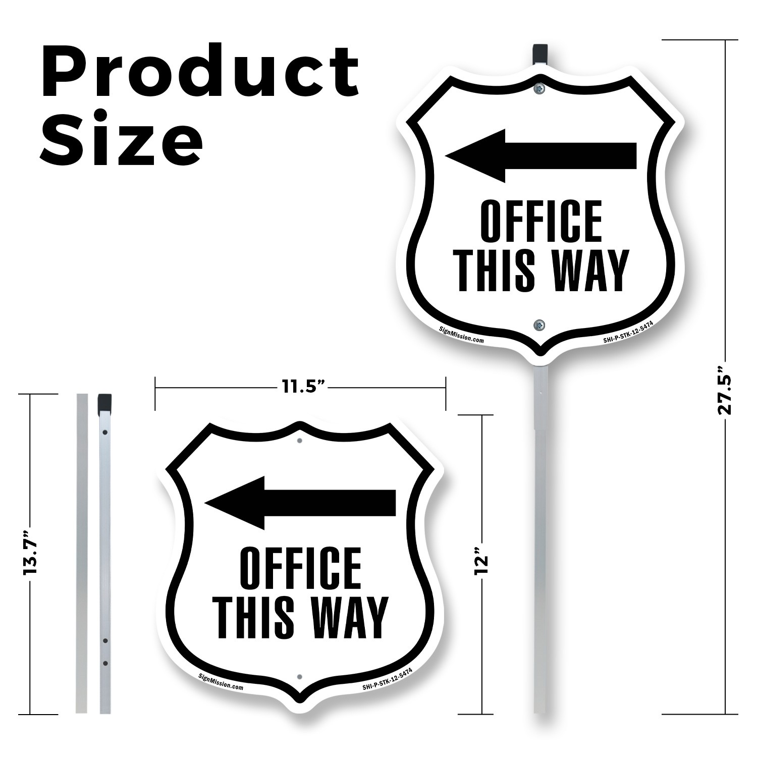 Office This Way Left Shield Shaped Sign With Stake Crafted in the USA
