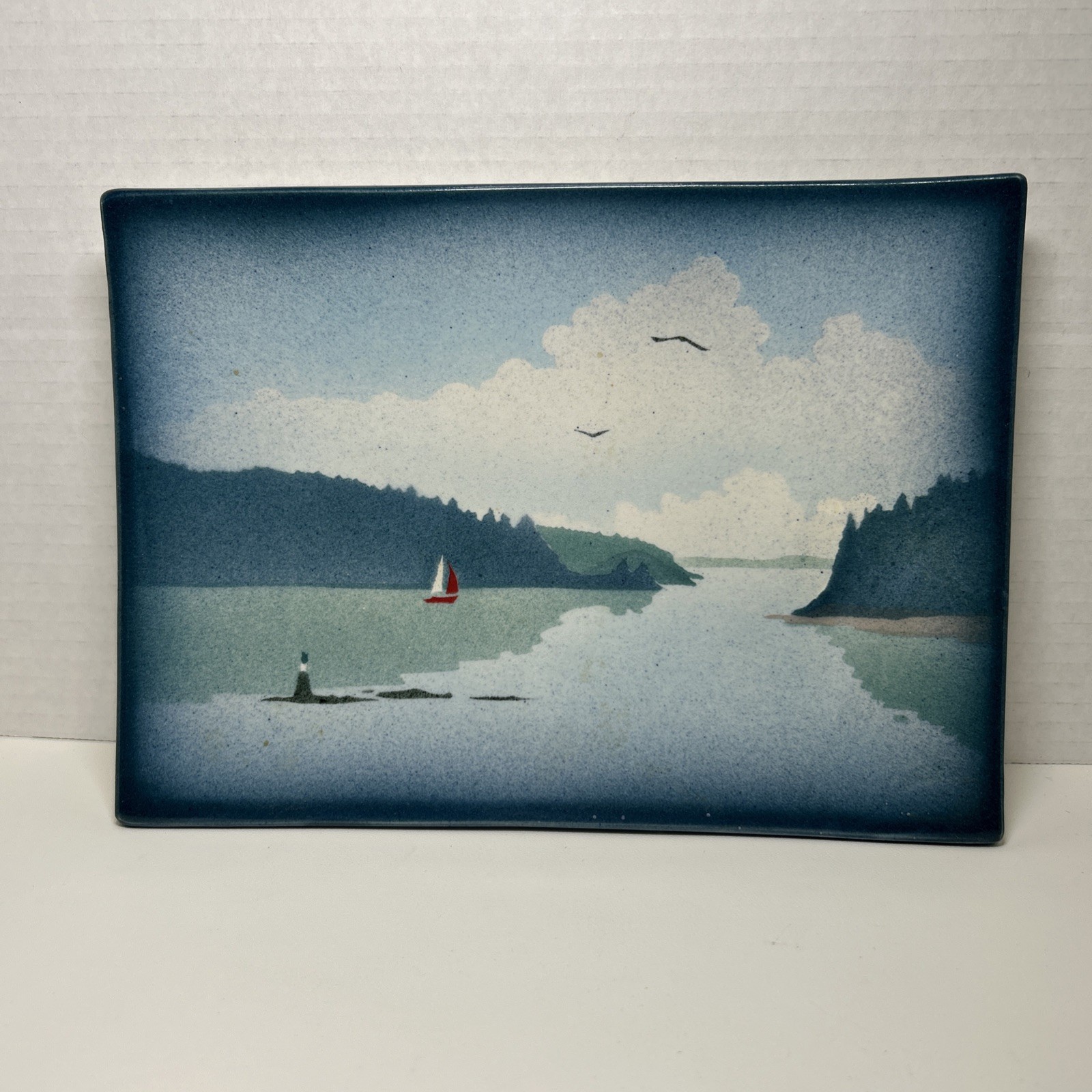 Alan Grout Stuido Pottery Blue Seascape Sailboat Wall Plaque / Sushi Tray 10×7″