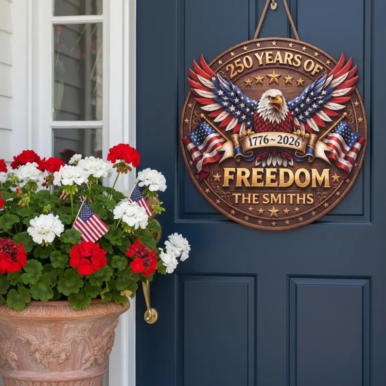 Personalized America 250 Years Wooden Sign, US Flag Eagle Door Hanger
