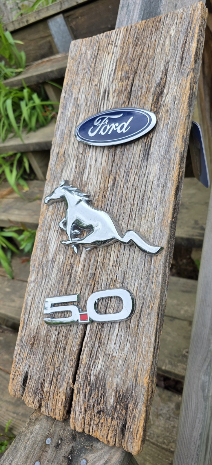 Ford Oval Badge Mustang Horse 5.0 Mounted On Oak Barnwood Sign Man Cave Decor